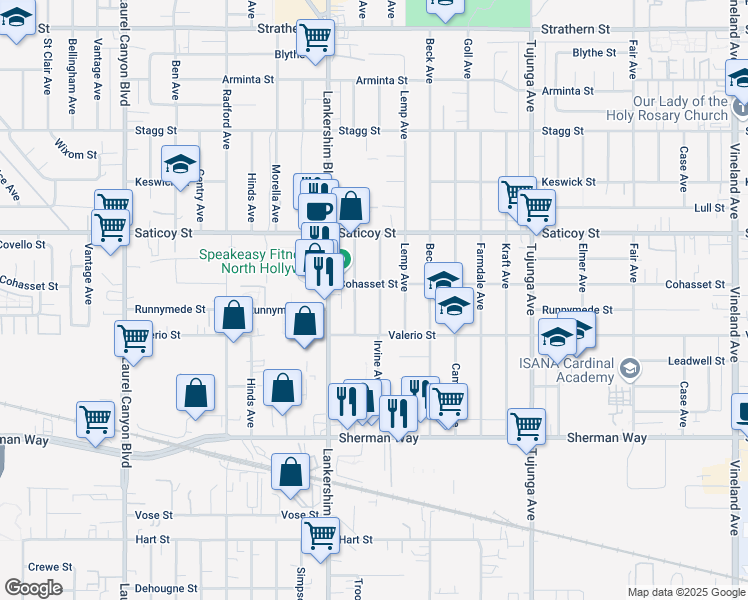 map of restaurants, bars, coffee shops, grocery stores, and more near 7447 Irvine Avenue in Los Angeles
