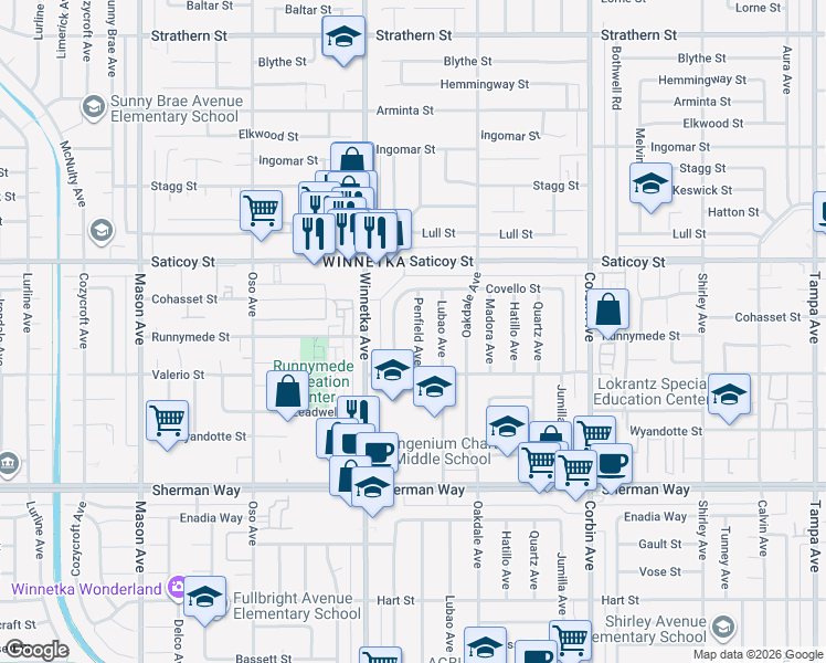 map of restaurants, bars, coffee shops, grocery stores, and more near 7445 Penfield Avenue in Los Angeles