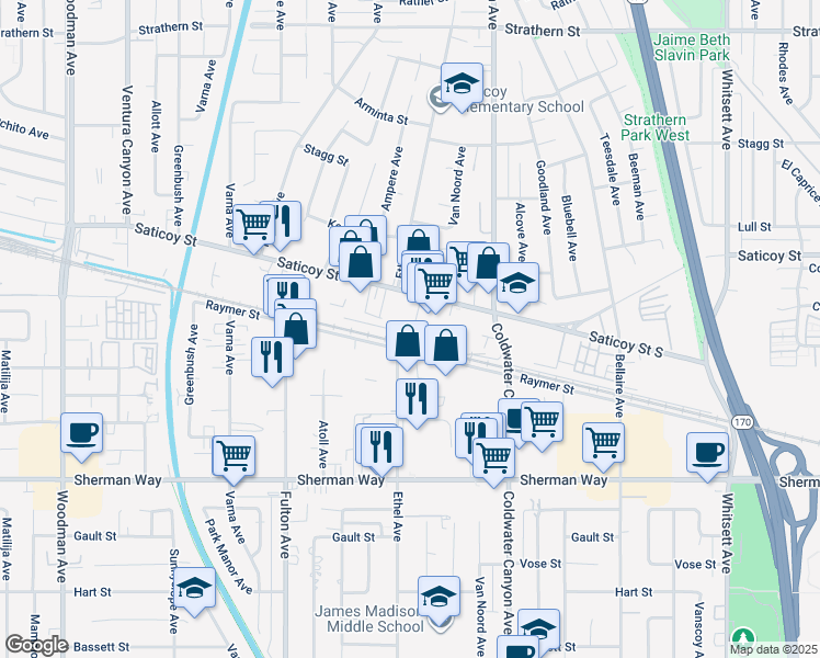 map of restaurants, bars, coffee shops, grocery stores, and more near 13056 Saticoy Street in Los Angeles