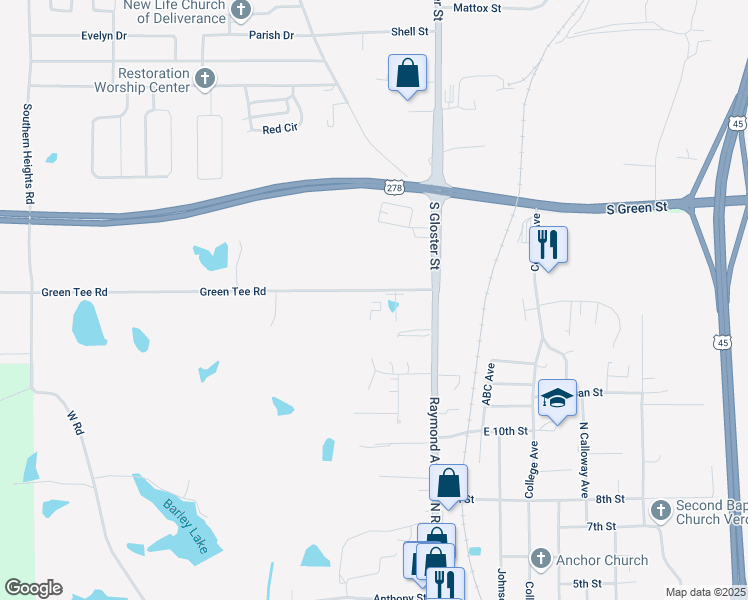 map of restaurants, bars, coffee shops, grocery stores, and more near 1091 Green Tee Road in Tupelo