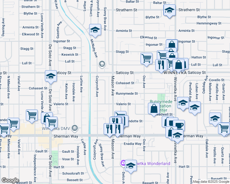 map of restaurants, bars, coffee shops, grocery stores, and more near 20457 Runnymede Street in Los Angeles