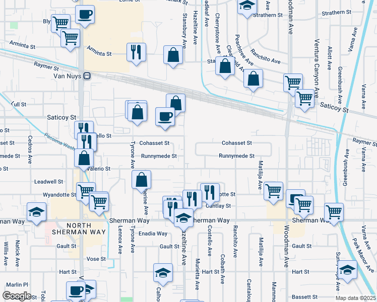 map of restaurants, bars, coffee shops, grocery stores, and more near 7442 Hazeltine Avenue in Los Angeles