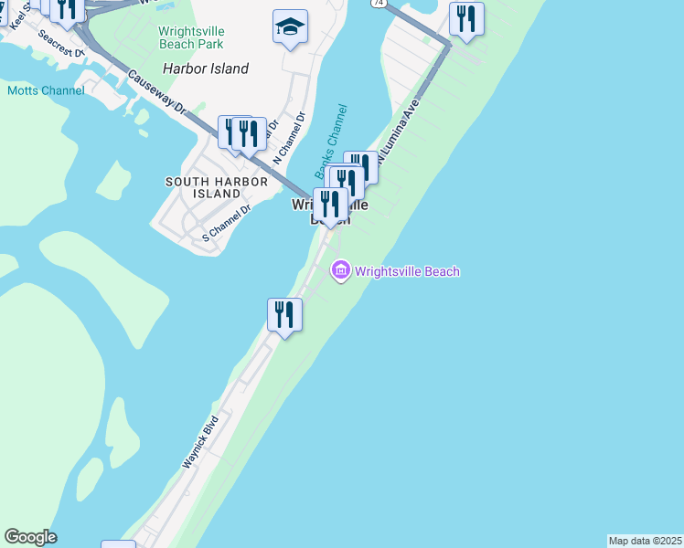 map of restaurants, bars, coffee shops, grocery stores, and more near 101 South Lumina Avenue in Wrightsville Beach