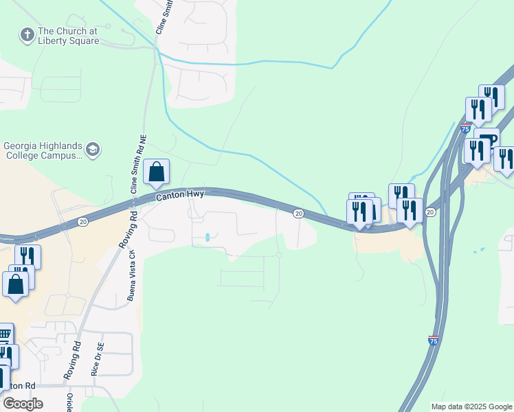 map of restaurants, bars, coffee shops, grocery stores, and more near Joe Lee Road Southeast in Cartersville