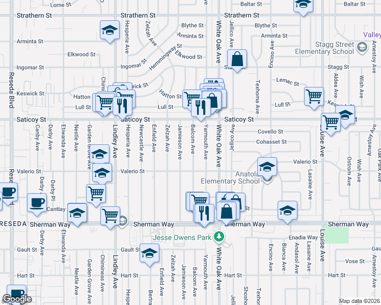 map of restaurants, bars, coffee shops, grocery stores, and more near 7445 Balcom Avenue in Los Angeles