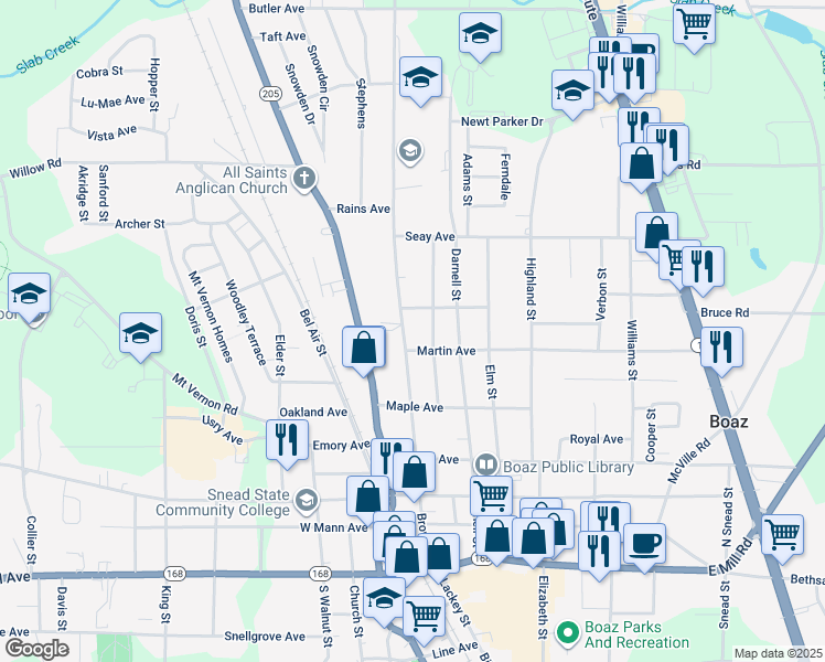 map of restaurants, bars, coffee shops, grocery stores, and more near 605 Brown Street in Boaz