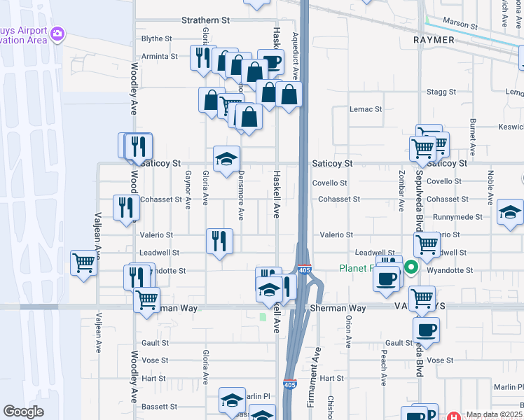 map of restaurants, bars, coffee shops, grocery stores, and more near 7442 Dempsey Avenue in Los Angeles