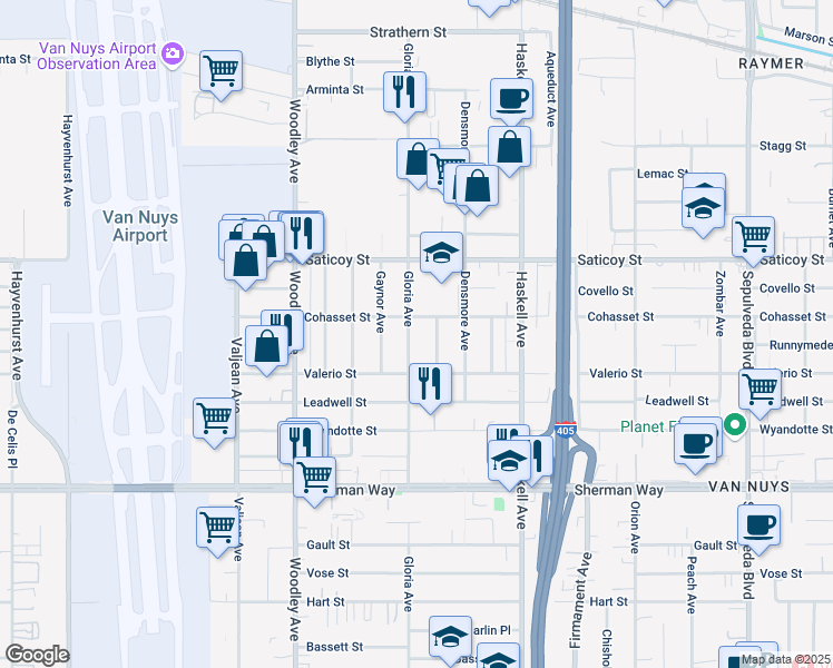 map of restaurants, bars, coffee shops, grocery stores, and more near 7442 Gloria Avenue in Los Angeles