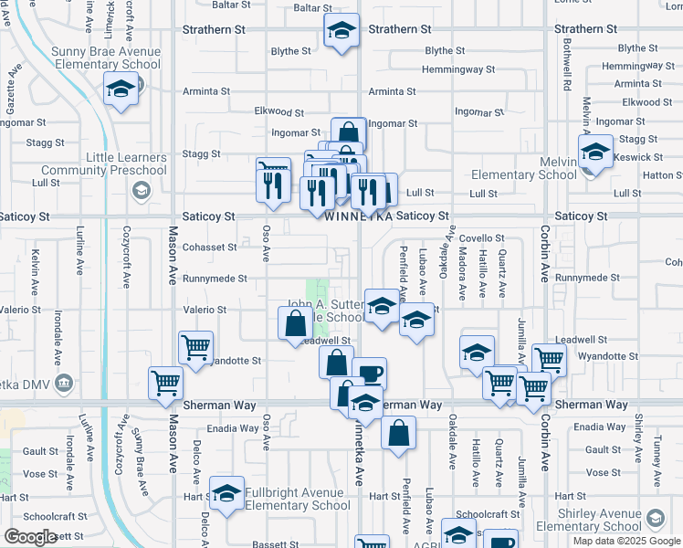 map of restaurants, bars, coffee shops, grocery stores, and more near 20143 Runnymede Street in Los Angeles