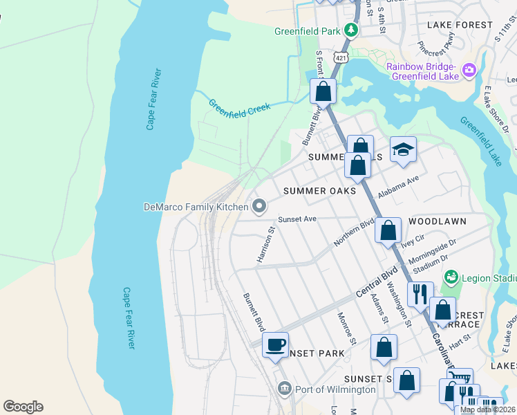 map of restaurants, bars, coffee shops, grocery stores, and more near 1917 Burnett Boulevard in Wilmington