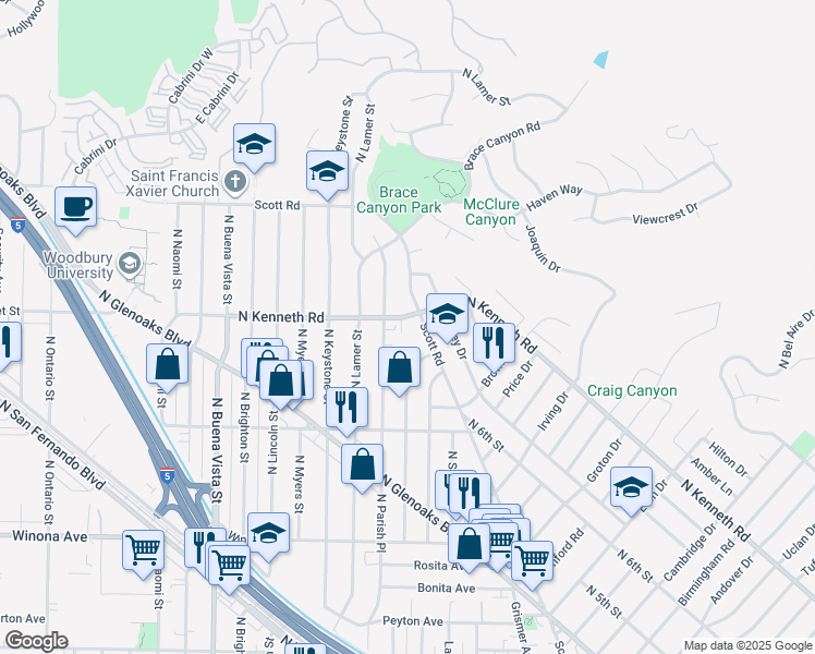 map of restaurants, bars, coffee shops, grocery stores, and more near 2556 Purvis Drive in Burbank