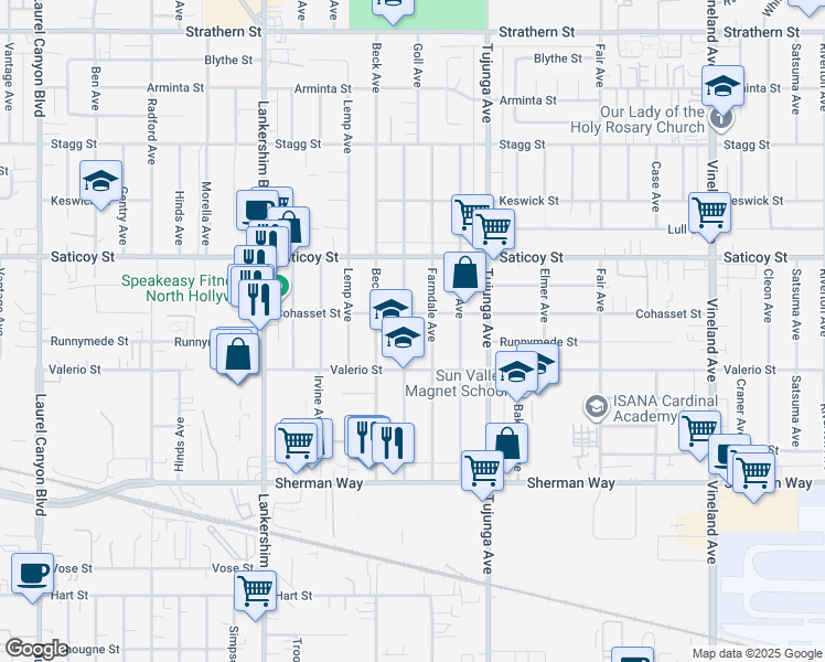 map of restaurants, bars, coffee shops, grocery stores, and more near 7439 Farmdale Avenue in Los Angeles