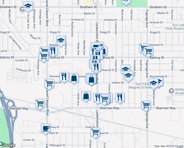map of restaurants, bars, coffee shops, grocery stores, and more near 11737 Runnymede Street in Los Angeles