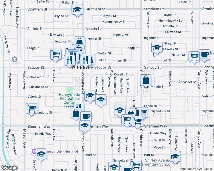 map of restaurants, bars, coffee shops, grocery stores, and more near 7445 Oakdale Avenue in Los Angeles