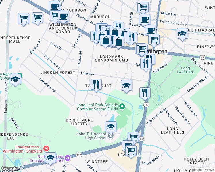 map of restaurants, bars, coffee shops, grocery stores, and more near 4160 Lake Avenue in Wilmington