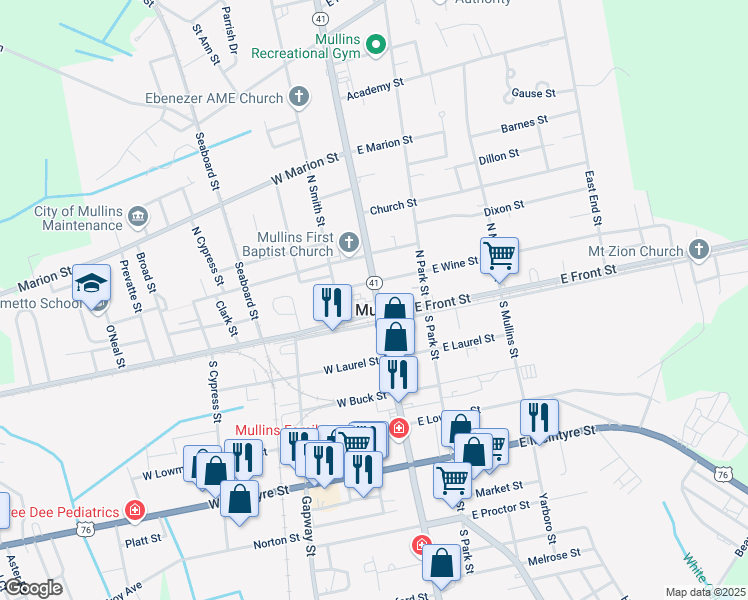 map of restaurants, bars, coffee shops, grocery stores, and more near 138 Northwest Front Street in Mullins