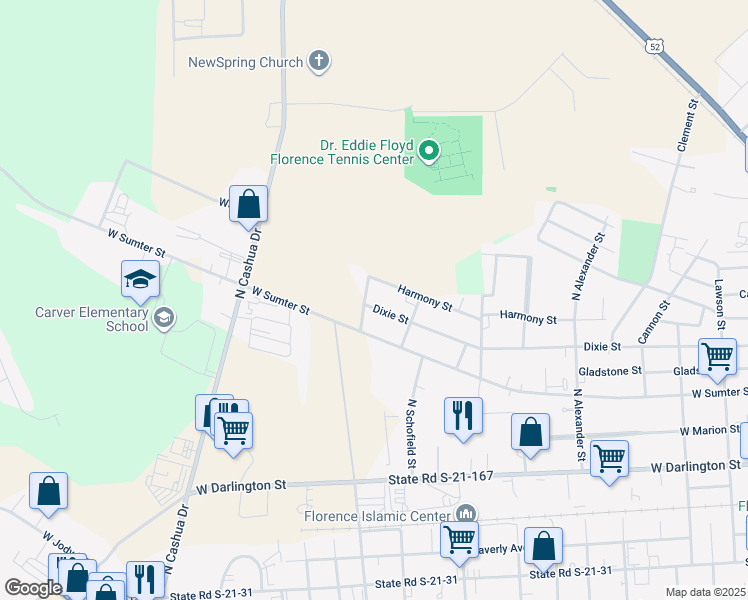 map of restaurants, bars, coffee shops, grocery stores, and more near 1313 Dixie Street in Florence