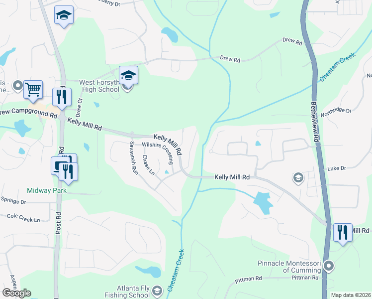 map of restaurants, bars, coffee shops, grocery stores, and more near 4855 Bantry Way in Cumming