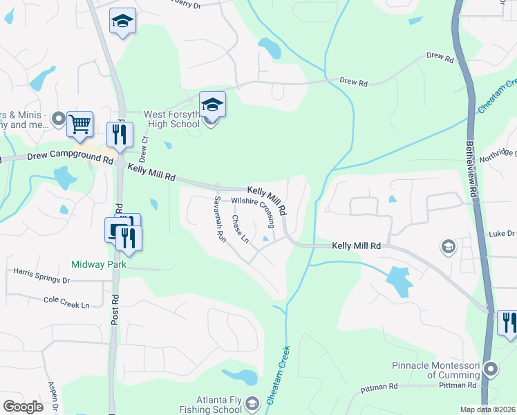 map of restaurants, bars, coffee shops, grocery stores, and more near 4945 Wilshire Crossing in Cumming