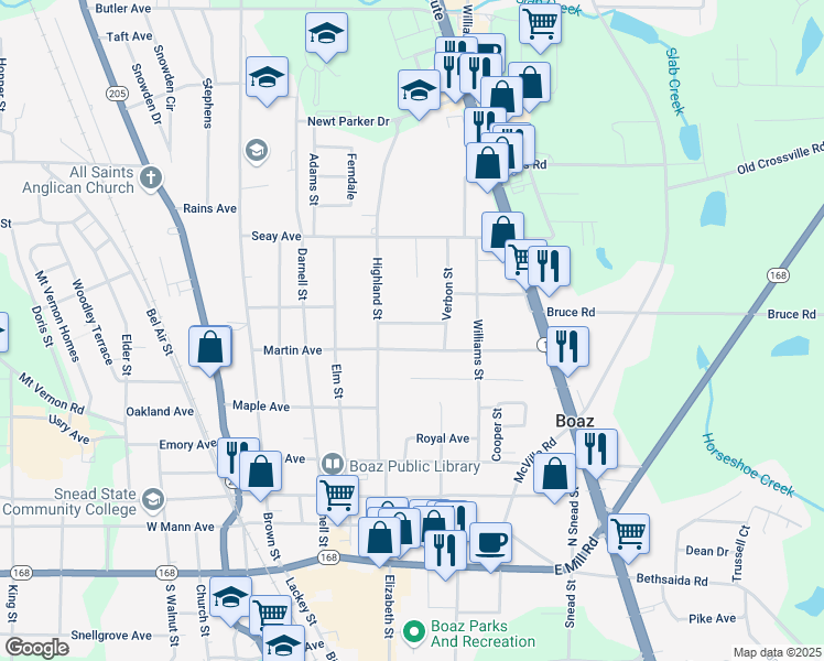 map of restaurants, bars, coffee shops, grocery stores, and more near 607 Franklin Avenue in Boaz