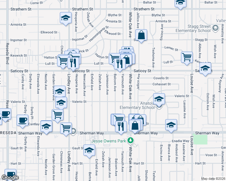 map of restaurants, bars, coffee shops, grocery stores, and more near 7445 Balcom Avenue in Los Angeles