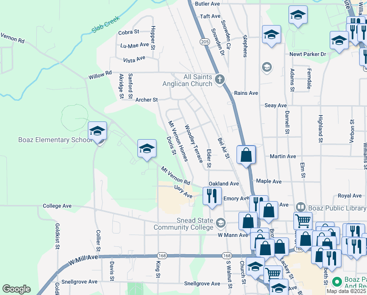 map of restaurants, bars, coffee shops, grocery stores, and more near 93 Mount Vernon Homes in Boaz