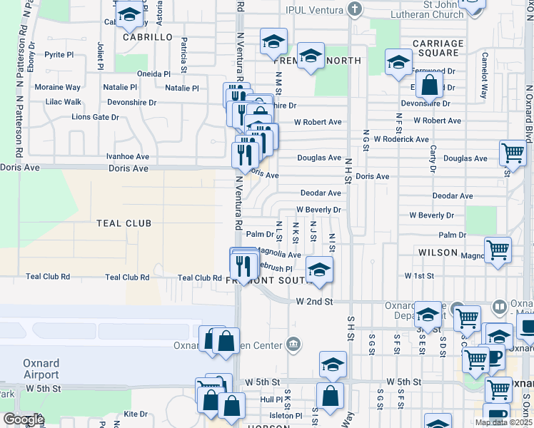 map of restaurants, bars, coffee shops, grocery stores, and more near 402 North M Street in Oxnard