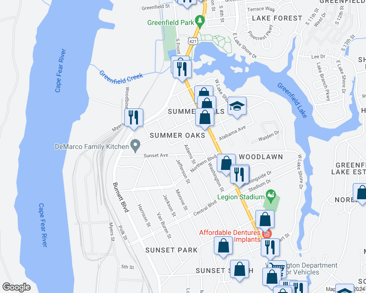 map of restaurants, bars, coffee shops, grocery stores, and more near 1908 Adams Street in Wilmington