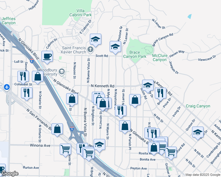 map of restaurants, bars, coffee shops, grocery stores, and more near 2740 North Myers Street in Burbank