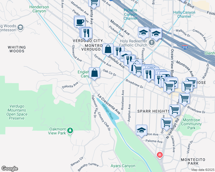 map of restaurants, bars, coffee shops, grocery stores, and more near 1324 Shirlyjean Street in Glendale