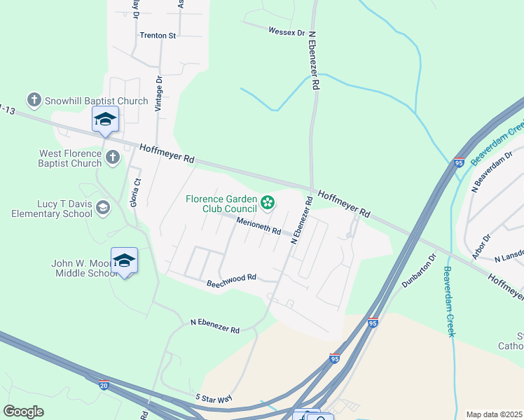 map of restaurants, bars, coffee shops, grocery stores, and more near 459 Edenderry Way in Florence