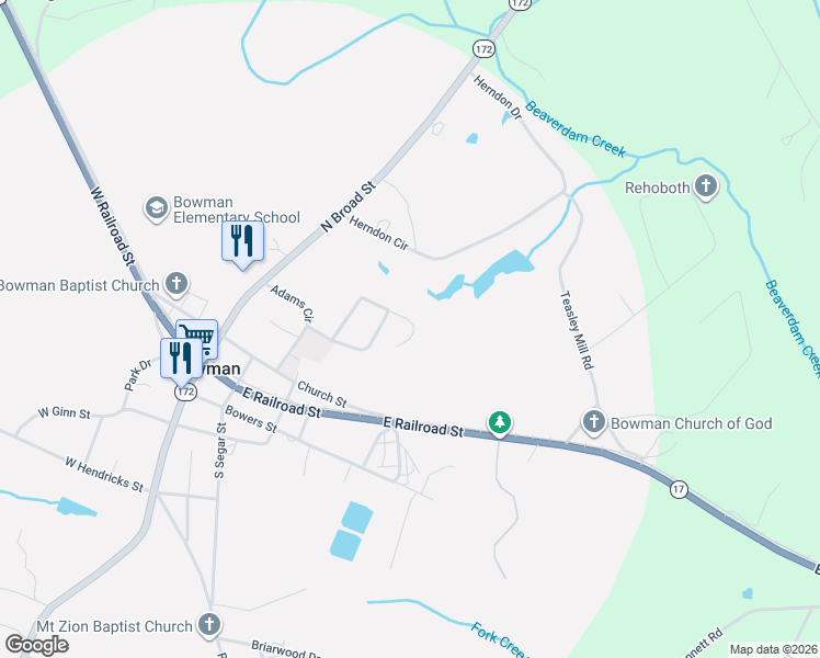map of restaurants, bars, coffee shops, grocery stores, and more near 227 Roosevelt Circle in Bowman