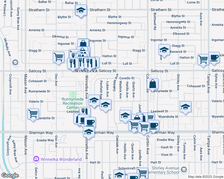 map of restaurants, bars, coffee shops, grocery stores, and more near 7445 Oakdale Avenue in Los Angeles
