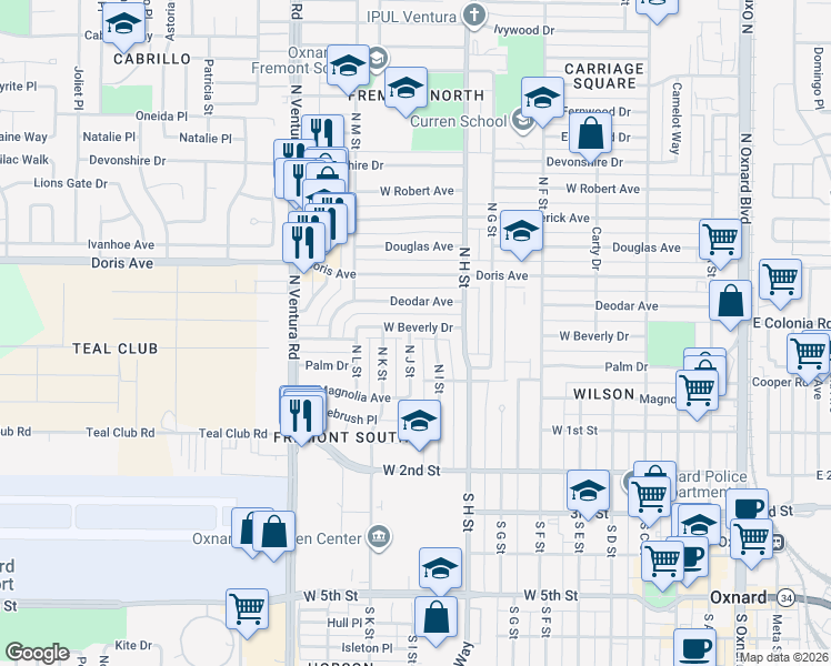 map of restaurants, bars, coffee shops, grocery stores, and more near 1034 West Beverly Drive in Oxnard