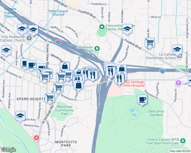 map of restaurants, bars, coffee shops, grocery stores, and more near 1920 Hilldale Drive in La Cañada Flintridge