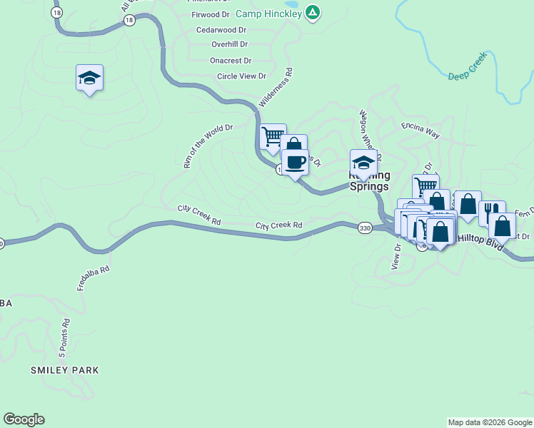 map of restaurants, bars, coffee shops, grocery stores, and more near 31531 Panorama Drive in Running Springs