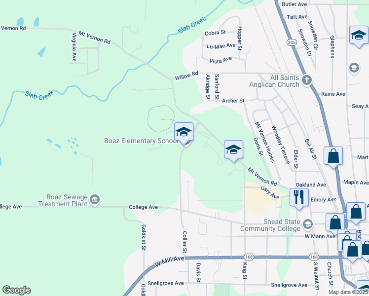 map of restaurants, bars, coffee shops, grocery stores, and more near 362 Collier Street in Boaz