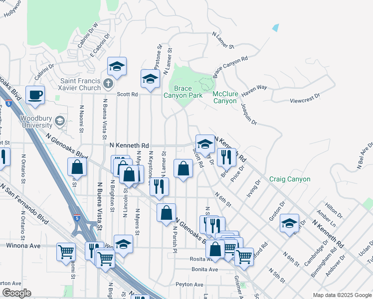 map of restaurants, bars, coffee shops, grocery stores, and more near 2556 Purvis Drive in Burbank