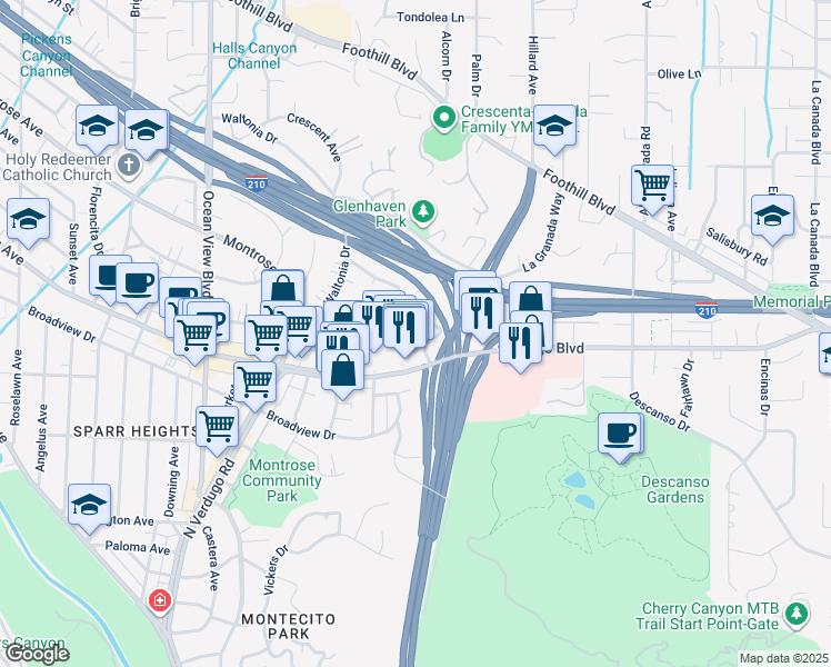map of restaurants, bars, coffee shops, grocery stores, and more near 1932 Hilldale Drive in La Cañada Flintridge
