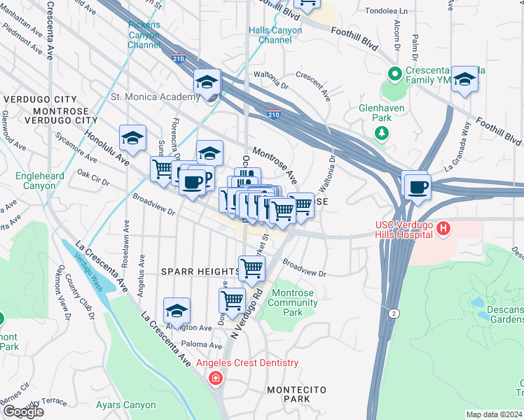 map of restaurants, bars, coffee shops, grocery stores, and more near 2240 Florencita Avenue in Glendale