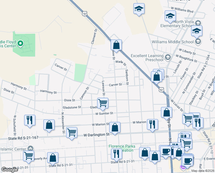 map of restaurants, bars, coffee shops, grocery stores, and more near 610 Carver Street in Florence