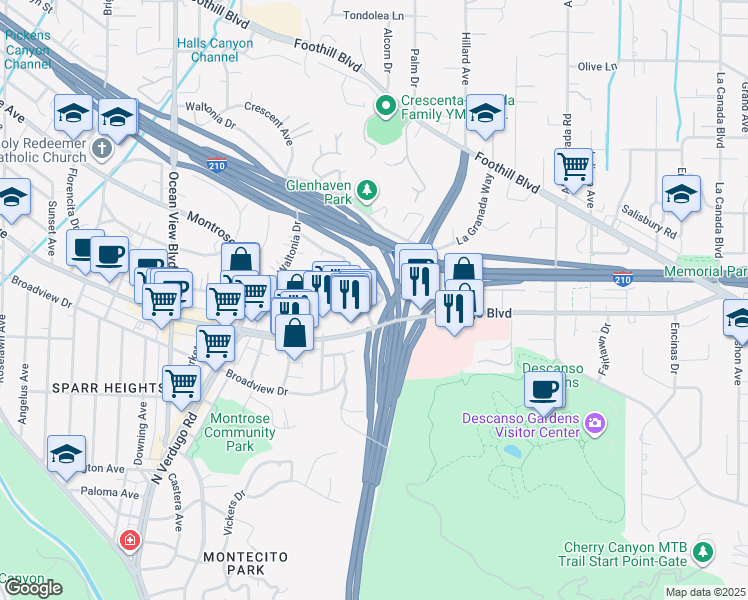 map of restaurants, bars, coffee shops, grocery stores, and more near 1920 Hilldale Drive in La Cañada Flintridge