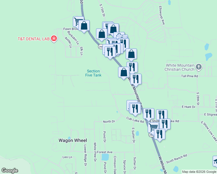 map of restaurants, bars, coffee shops, grocery stores, and more near 4780 Siesta Ln in Show Low