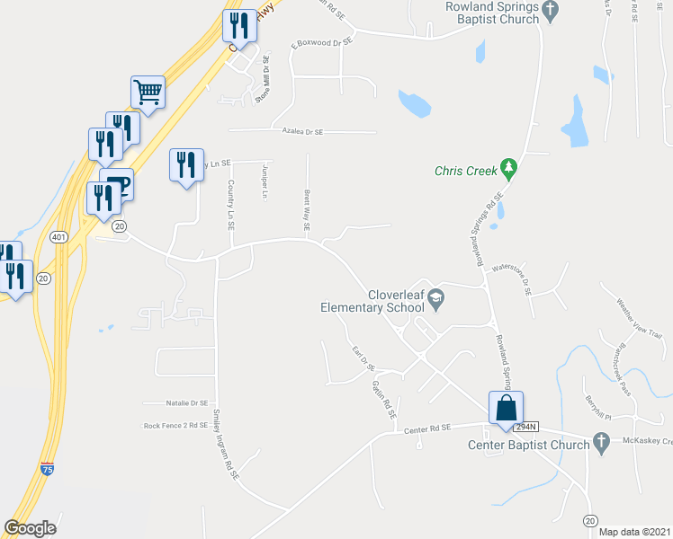 map of restaurants, bars, coffee shops, grocery stores, and more near 214 Georgia 20 Spur in Cartersville