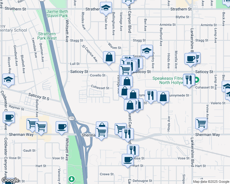 map of restaurants, bars, coffee shops, grocery stores, and more near 7448 Bellingham Avenue in Los Angeles