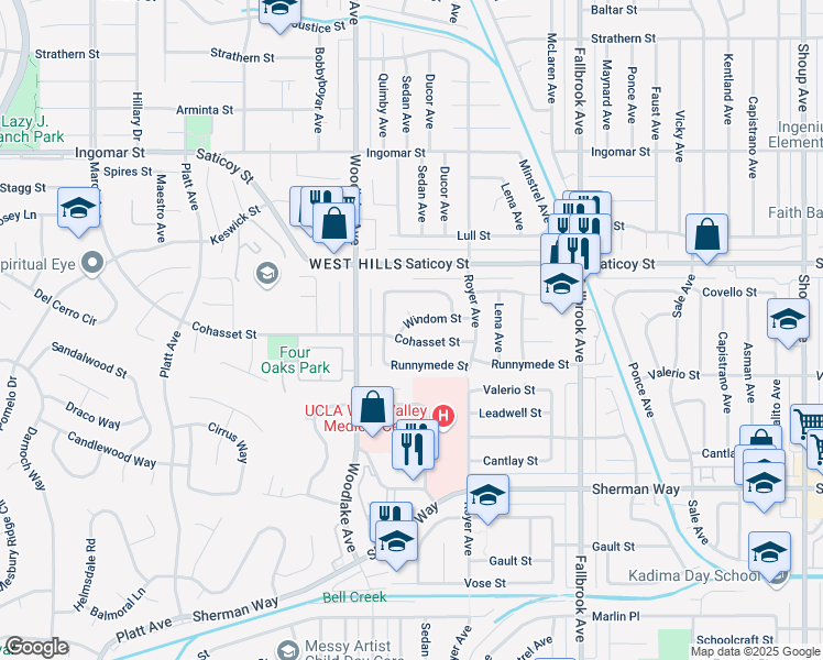 map of restaurants, bars, coffee shops, grocery stores, and more near 23100 Windom Street in West Hills