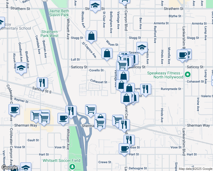 map of restaurants, bars, coffee shops, grocery stores, and more near 12223 Leayn Court in Los Angeles