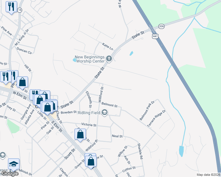 map of restaurants, bars, coffee shops, grocery stores, and more near 164 Wood Street in Commerce