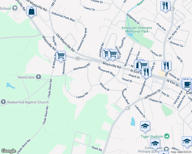 map of restaurants, bars, coffee shops, grocery stores, and more near 84 Wilson Drive in Commerce