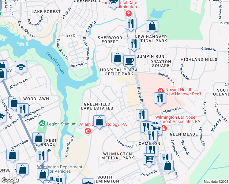 map of restaurants, bars, coffee shops, grocery stores, and more near 17 Cypress Grove Drive in Wilmington